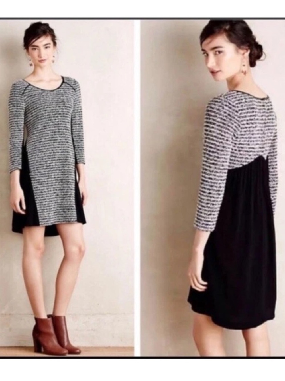 Maeve Anthropology XS Tweed Black White Shift Dress 3/4 Sleeve Panels Boho